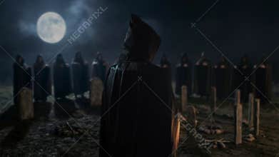 Silent Funeral Scene, Eerie Nocturnal Gathering With Mourners Around Ancient Stone Memorials