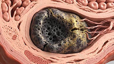Medical Animation of Cross Section Human Colon Depicting Polyp Growth and Formation of Cancer Cells in Medical