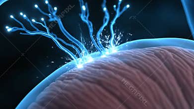 Microscopic View of Neuron Growth on a Cell Surface with Blue Neural Connections and Pinkish Tissue for Healthcare and