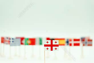 Flags on display at a cultural event showing Georgia and other countries with sticks holding each flag