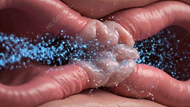 Intestine Anomaly 3D Illustration Showing Colon Polyp with Blue Particles for Medical Visualization and Health