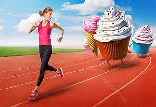 Woman running away from sweets
