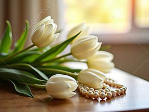 White Tulips and Pearl Necklace Elegance