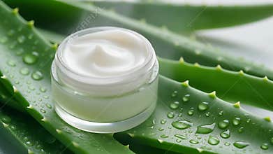 Aloe Vera Skincare Cream in a Glass Jar on Fresh Green Leaves