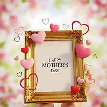 Elegant gold-framed sign celebrating mother's day surrounded by floating pink and red hearts