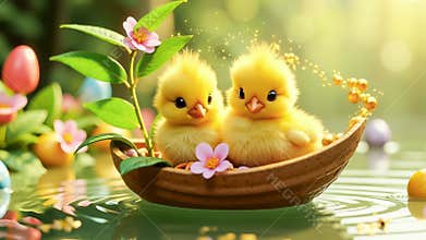 Easter chicks float in a nutshell boat decorated with violets. Flowers surround them, colorful Easter eggs float, and gold flakes.