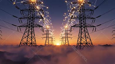 High Voltage Power Lines with Electric Arcs at Dusk, energy infrastructure concept