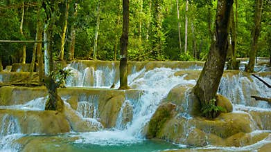 Vertical panorama of Kouang Si Waterfall, Laos, Luang Prabang