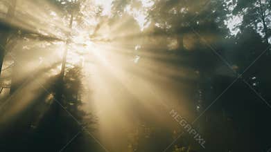 Sun rays illuminating a foggy forest morning