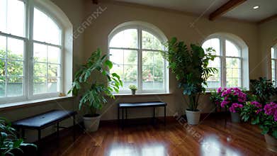 Indoor arched window landscape with greenery, Generative AI