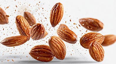 Almonds fall and scatter on a clean surface capturing attention in a simple setup
