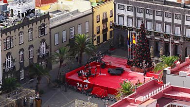 Aerial Plaza Mayor de Santa Ana, Las Palmas, festive stage and tree