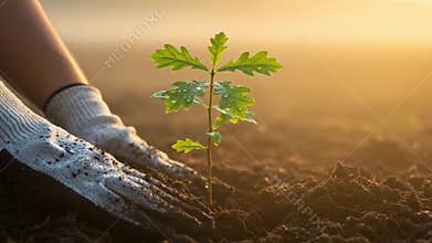 4K Planting a Green Sapling in Soil: Gardener\'s Hand, Sunlight & Dew Drops Symbolizing Growth and Renewal