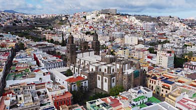 Aerial sweep over Vegueta, Las Palmas, Catedral de Santa Ana focus