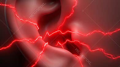 3D Ear with Red Painful Lightning Bolts for Medical Animation of Tinnitus or Ear Infection in Red Tone