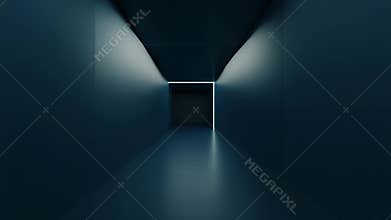 Dark minimalist corridor leading to bright door