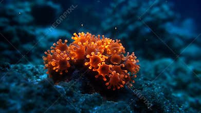 Vibrant orange pulsing coral polyp glows brightly underwater against deep blue ocean background in slow motion footage