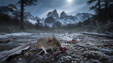 Close up of a wood mice searching food on the forest floor at night in winter season-001