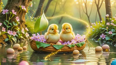 Easter chicks float in a nutshell boat decorated with violets. Flowers surround them, colorful Easter eggs float, and gold flakes.