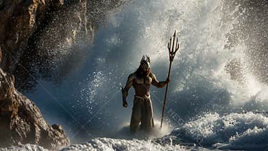 Poseidon stands tall in the waves as he commands the ocean at sunset near rocky cliffs by the sea