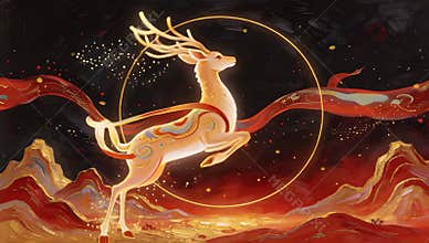 Mystical Golden Deer Leaping Through Cosmic Night