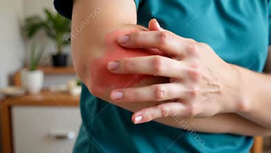 Person showing red, swollen elbow with hands in home environment