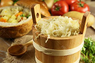 Sauerkraut in a wooden barrel