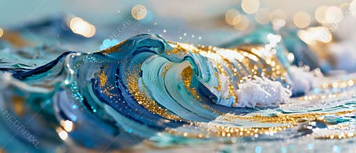 Abstract teal and blue resin art wave with metallic gold glitter accents and bokeh light effects