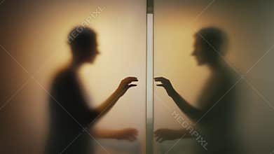 A blurred silhouette of a person slowly raises a hand to press against a translucent barrier, creating a symmetrical reflection