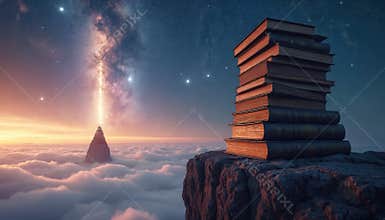 Stack of old books on cliff edge below starry sky. Light beam erupts from pyramid structure in clouds. Cosmic knowledge concept