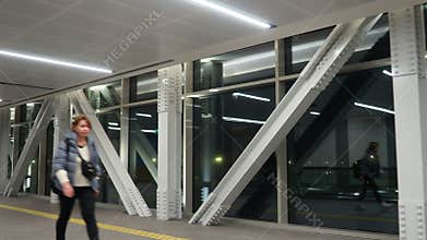 Istanbul, Turkiye - January 24, 2026: Modern Pedestrian Bridge Or Walkway. Large Glass Windows. Exposed Steel Structural Supports