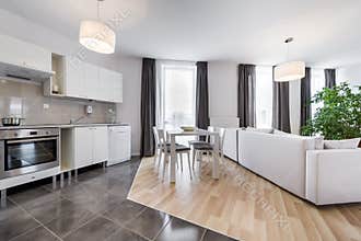 Modern interior design living room with kitchen