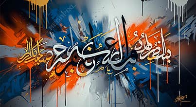 Arabic Calligraphy Artwork with Vibrant Paint Splatters and Drips