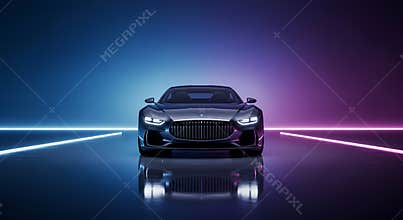 Futuristic Luxury Car with Neon Lights against Dark Background
