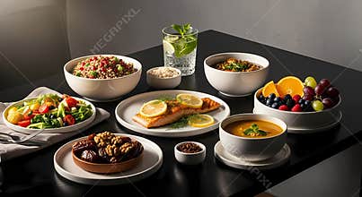 Variety of Healthy Dishes on Black Table