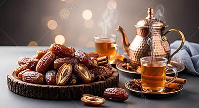 Dates and Tea Served on a Wooden Board with Copper Tea Set