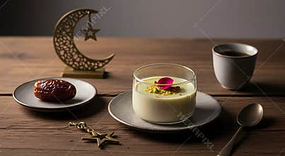 Ramadan dessert setting with creamy pudding and coffee on wooden table