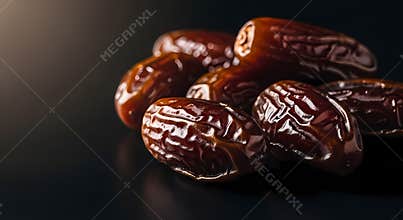 Succulent Brown Dates on a Dark Background with Shiny Texture