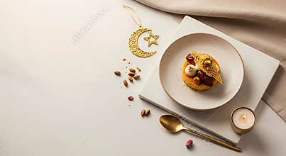 Delicious Pastry with Nuts and Cream on White Plate