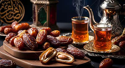 Dates and Tea in Traditional Setting with Decorative Teapot and Cups