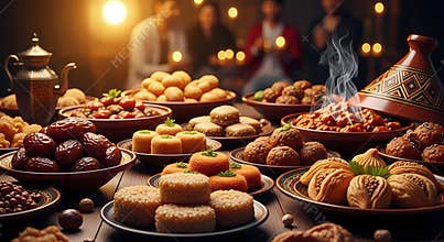 Assorted Middle Eastern sweets and dates on ornate plates with steam rising