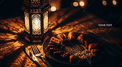 Ornate Lantern and Traditional Sweets on Decorative Plate