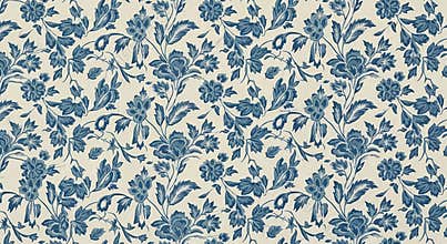 Blue Floral Pattern on Cream Background for Design