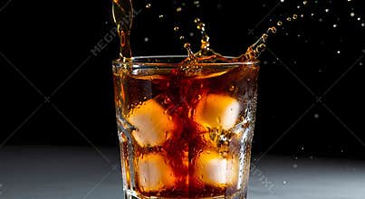 Whiskey Poured into Glass with Ice Cubes Against Dark Background