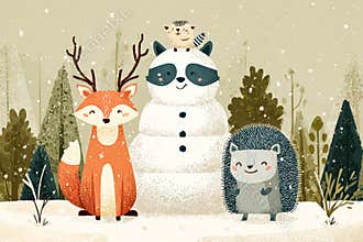 Cute animals celebrating winter with snowman in a snowy forest landscape illustration