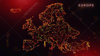 Abstract Europe Map Digital Network Background With Red And Orange Plexus Dots