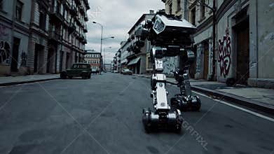 Robotic Patrol Persists. Automaton Moves Through Abandoned City. Mechanical Figure Wanders Deserted Urban Landscape
