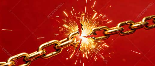 Gold metal chain snapping apart with bright sparks on a red background