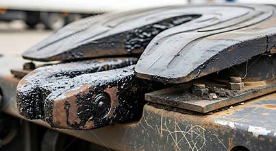 Heavily greased fifth wheel coupling mechanism showing significant wear and industrial lubrication detail