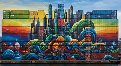 Vibrant abstract cityscape mural painted across numerous stacked shipping containers at a bustling port.